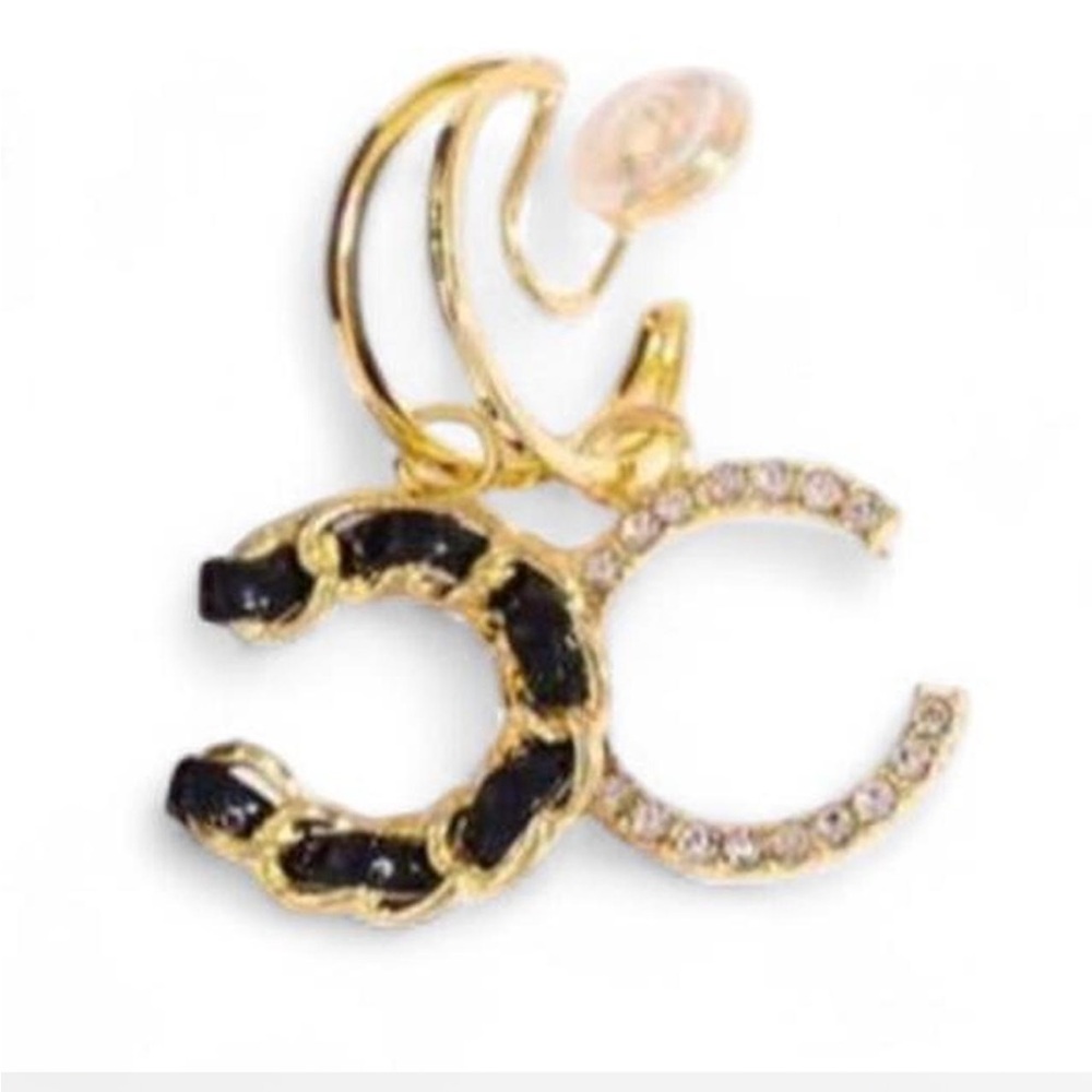 Gold Double CC snake hoop Dangle earrings with white rhinestones